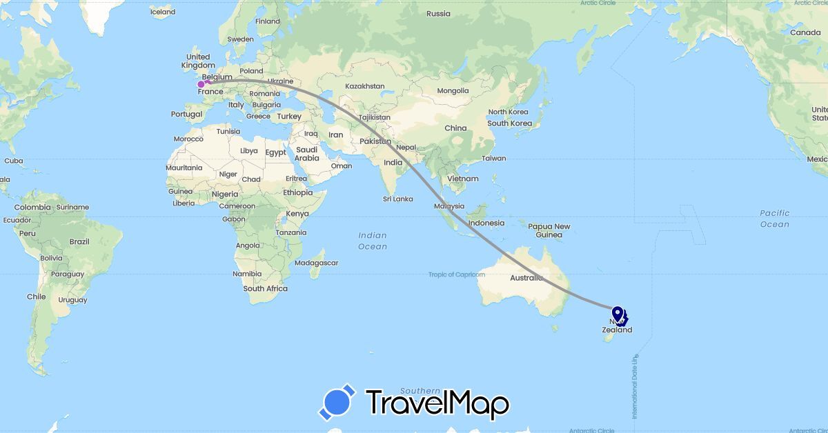 TravelMap itinerary: driving, plane, train in France, New Zealand, Singapore (Asia, Europe, Oceania)